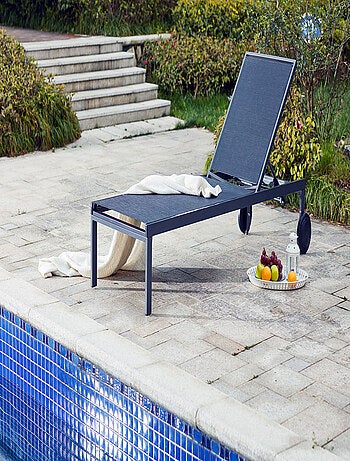 CUBA - Lot de 2 bains de soleil inclinables noirs avec roues en aluminium