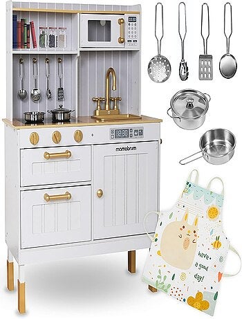 Cuisine Enfant 3+ en Bois avec Accessoires et Tablier - Micro-ondes, Four, évier