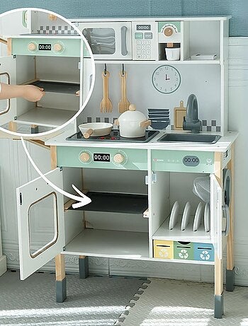 Cuisine Enfant Bois Interactive Évolutive, Pieds Amovible- Lave-Linge, Lave-Vaisselle, Tableau - LED