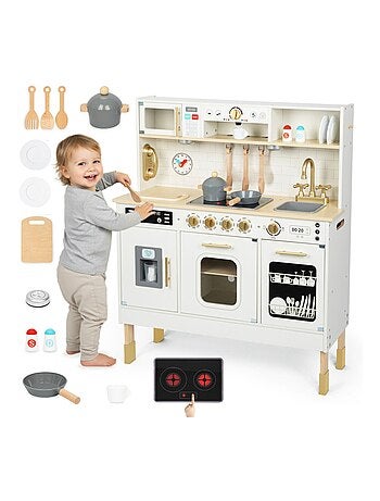 Cuisine Enfant Bois, LED, Micro-Ondes, Lave-Vaisselle, Machine à Café, Four