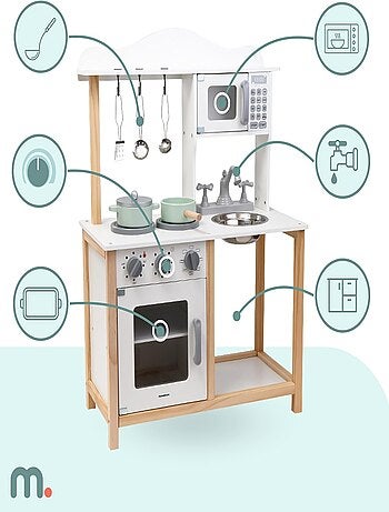 Cuisine Enfant Bois, Micro-Ondes, Four, évier et Accessoires, Sons mécanique, Jouet Montessori +3