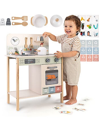 Cuisine enfant bois tri dechets 54x30x72cm four horloge jouet beige mamabrum