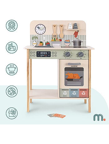 Cuisine enfant bois tri dechets 54x30x72cm four horloge jouet beige mamabrum