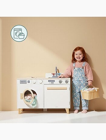Cuisine Enfant & Buanderie en Bois - avec Lave-linge, évier et Accessoires 73,5*29*67 cm