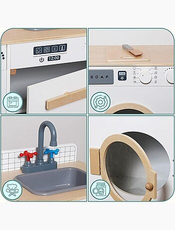 Cuisine Enfant & Buanderie en Bois - avec Lave-linge, évier et Accessoires 73,5*29*67 cm