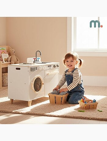 Cuisine Enfant & Buanderie en Bois - avec Lave-linge, évier et Accessoires 73,5*29*67 cm
