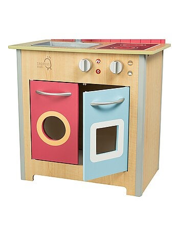 Cuisine enfant en bois dinette avec 4 accessoires rouge bleu naturel Teamson Kids Porto TD-13595A
