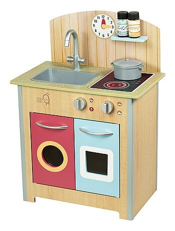 Cuisine enfant en bois dinette avec 4 accessoires rouge bleu naturel Teamson Kids Porto TD-13595C