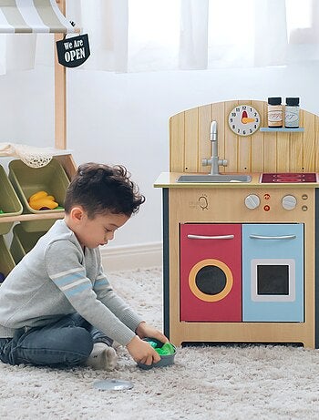 Cuisine enfant en bois dinette avec 4 accessoires rouge bleu naturel Teamson Kids Porto TD-13595C
