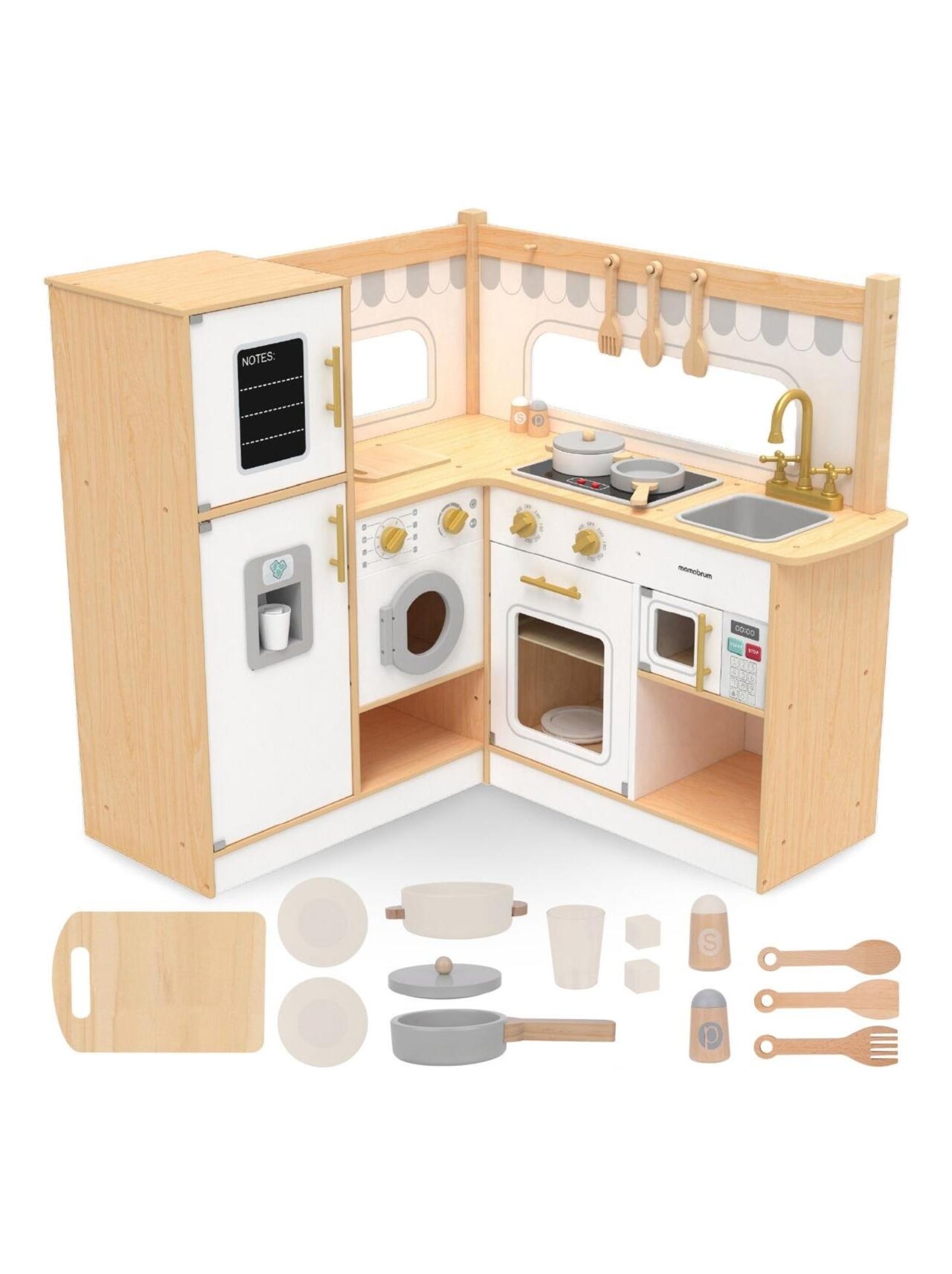 Cuisine Jouet En Bois XXXL Pour Enfants - 88x99x89 Cm - Avec Réfrigérateur, Four, Micro-ondes, évier - Accessoires Inclus - Dès 3 Ans - 9