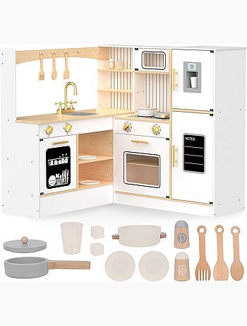 Cuisine enfant en bois interactive, cuisine angle - réfrigérateur, micro-ondes, four, lave-vaisselle