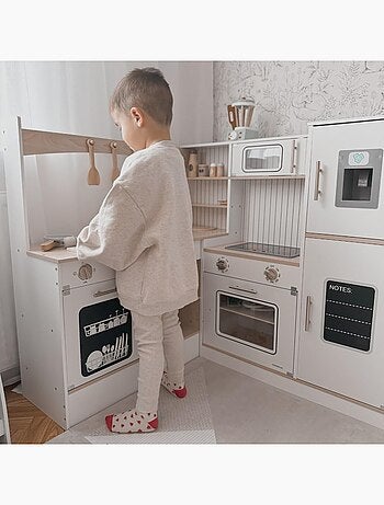 Cuisine enfant en bois interactive, cuisine angle - réfrigérateur, micro-ondes, four, lave-vaisselle