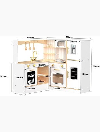 Cuisine enfant en bois interactive, cuisine angle - réfrigérateur, micro-ondes, four, lave-vaisselle