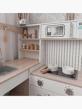 Cuisine enfant en bois interactive, cuisine angle - réfrigérateur, micro-ondes, four, lave-vaisselle