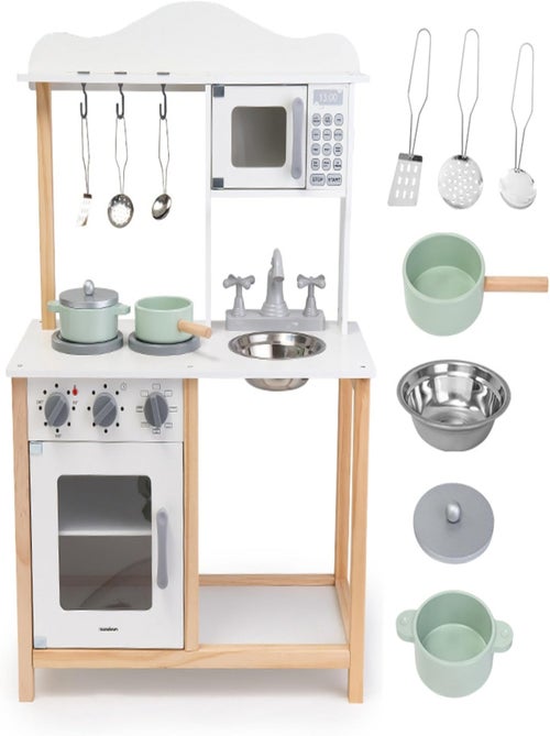 Cuisine Enfant en Bois Robuste, avec Micro-ondes et Accessoires, Four, évier et casseroles inclus - Kiabi