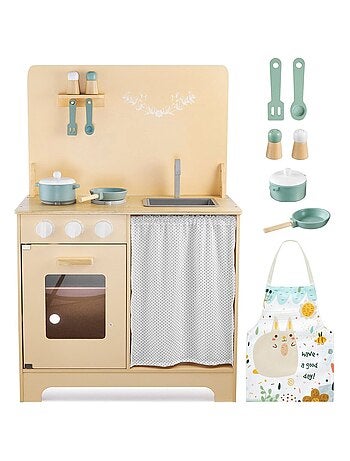 Cuisine Enfants en Bois avec Eclairage LED + Tablier & Accessoires - Four Placard avec Rideau
