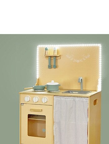 Cuisine Enfants en Bois avec Eclairage LED + Tablier & Accessoires - Four Placard avec Rideau