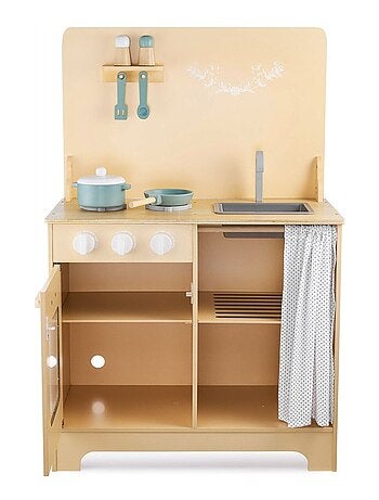 Cuisine Enfants en Bois avec Eclairage LED + Tablier & Accessoires - Four Placard avec Rideau