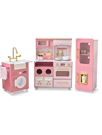 Cuisine jouet bois 3 pièces modulable, 21 accessoires, 89cm, Rose,