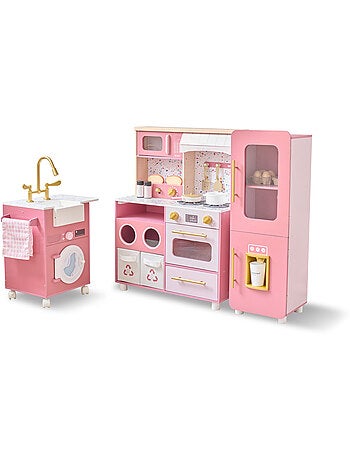 Cuisine jouet bois 3 pièces modulable, 21 accessoires, 89cm, Rose,