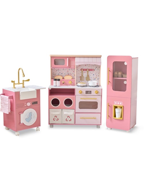 Cuisine jouet bois 3 pièces modulable, 21 accessoires, 89cm, Rose, - Kiabi