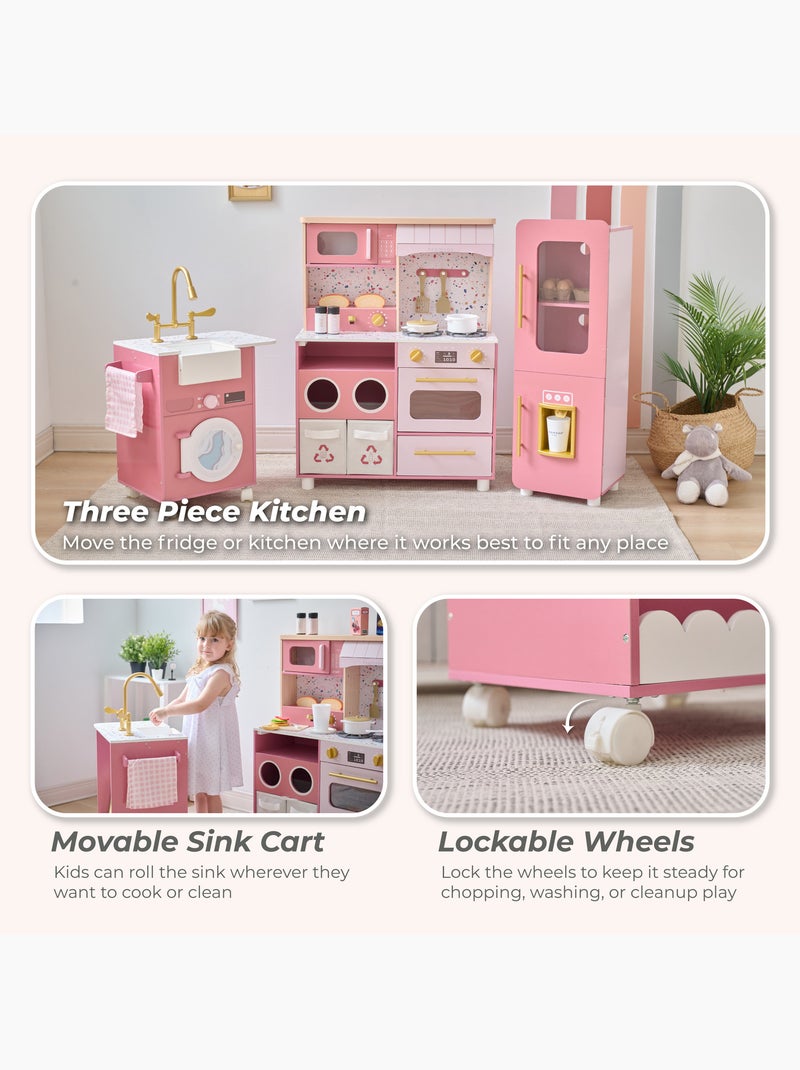 Cuisine jouet bois 3 pièces modulable, 21 accessoires, 89cm, Rose, Rose - Kiabi