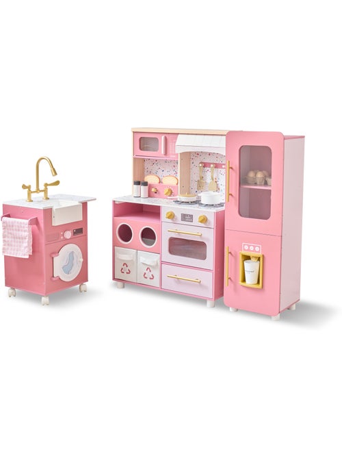 Cuisine jouet bois 3 pièces modulable, 21 accessoires, 89cm, Rose, - Kiabi
