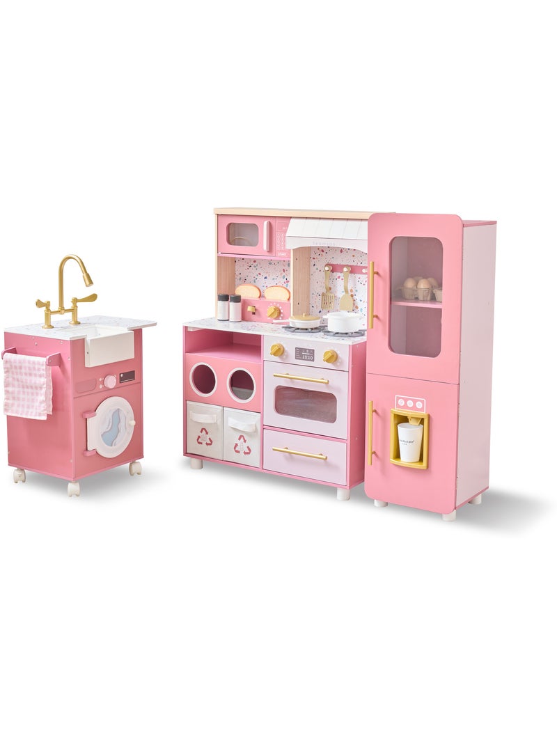 Cuisine jouet bois 3 pièces modulable, 21 accessoires, 89cm, Rose, Rose - Kiabi