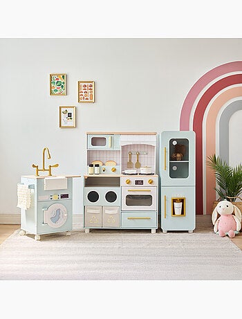Cuisine jouet bois 3 pièces modulable, 21 accessoires, 89cm, Rose,