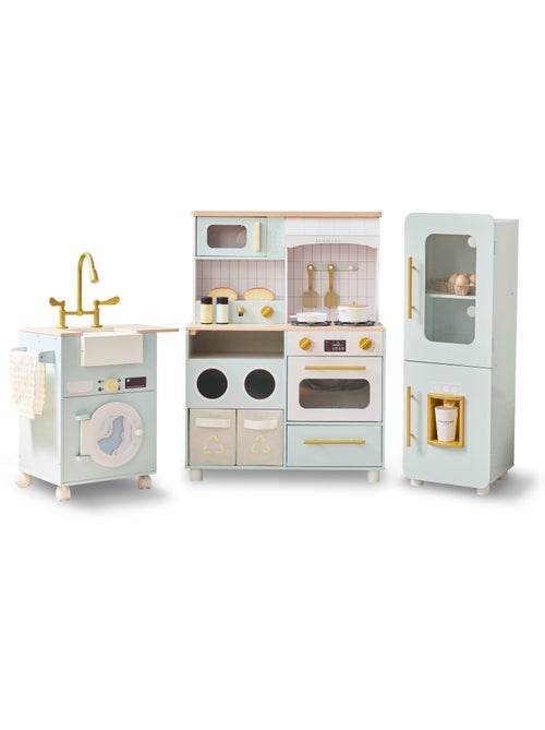 Cuisine jouet bois 3 pièces modulable, 21 accessoires, 89cm, Vert, - Kiabi