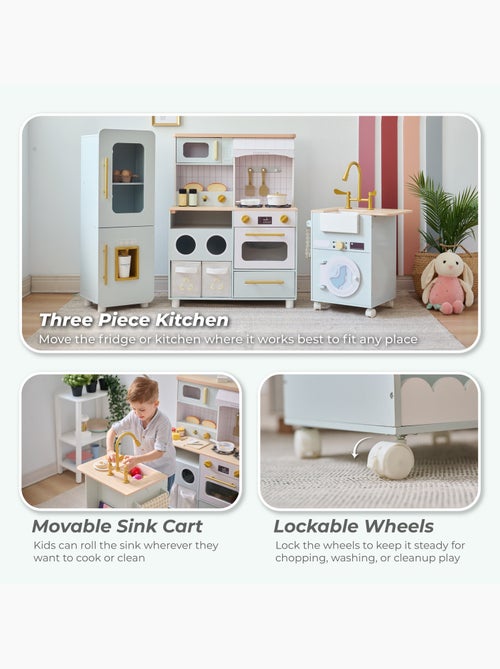 Cuisine jouet bois 3 pièces modulable, 21 accessoires, 89cm, Vert, - Kiabi