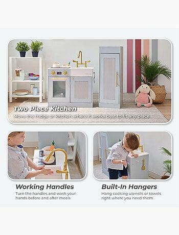 Cuisine jouet bois enfant, 12 accessoires, 80cm, Bleu,