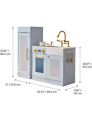 Cuisine jouet bois enfant, 12 accessoires, 80cm, Bleu,