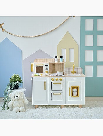 Cuisine jouet bois enfant, 17 accessoires, 75cm, Blanc,