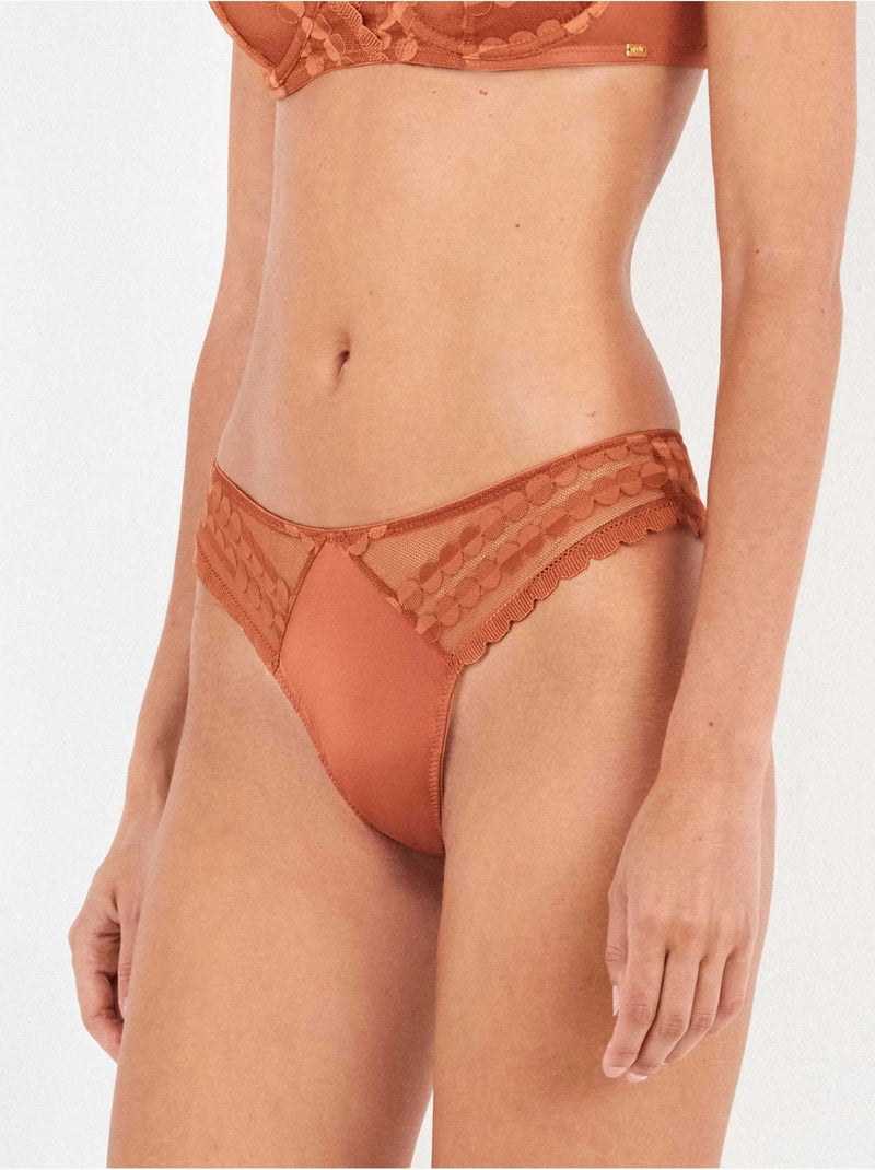 Culotte brésilienne en dentelle et microfibre Marron - Kiabi