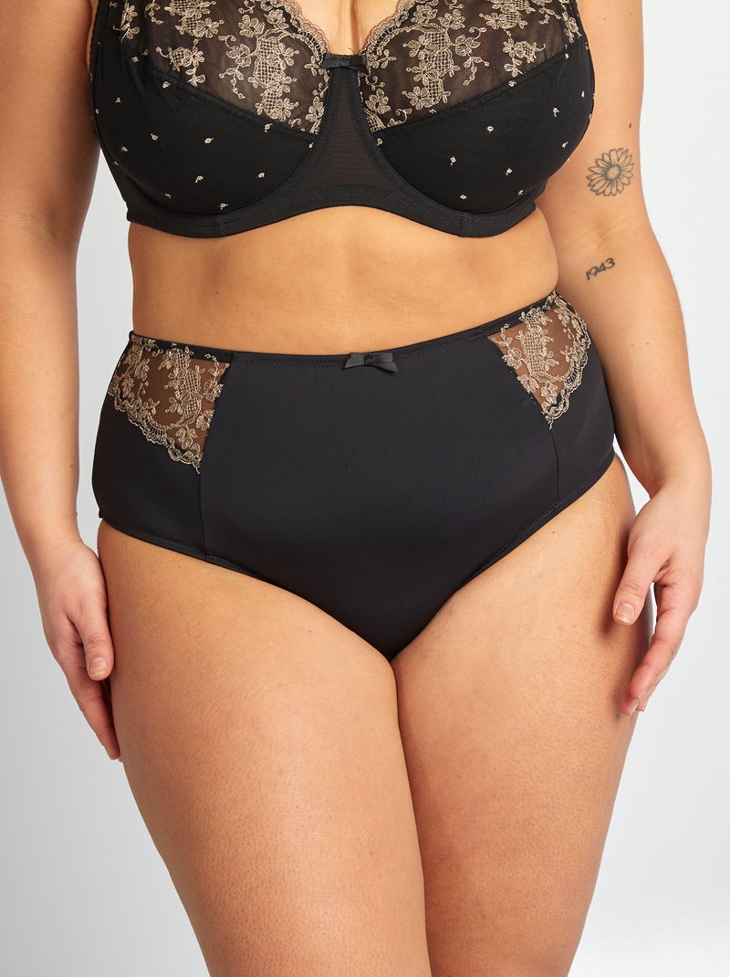 Culotte en microfibre avec broderies noir - Kiabi