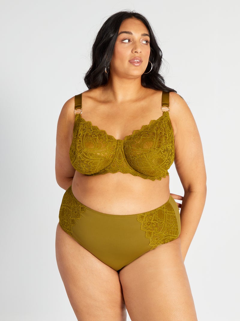 Culotte en microfibre et dentelle Kaki - Kiabi