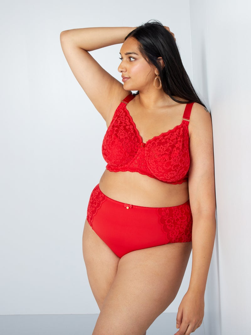 Culotte en microfibre et dentelle Rouge - Kiabi