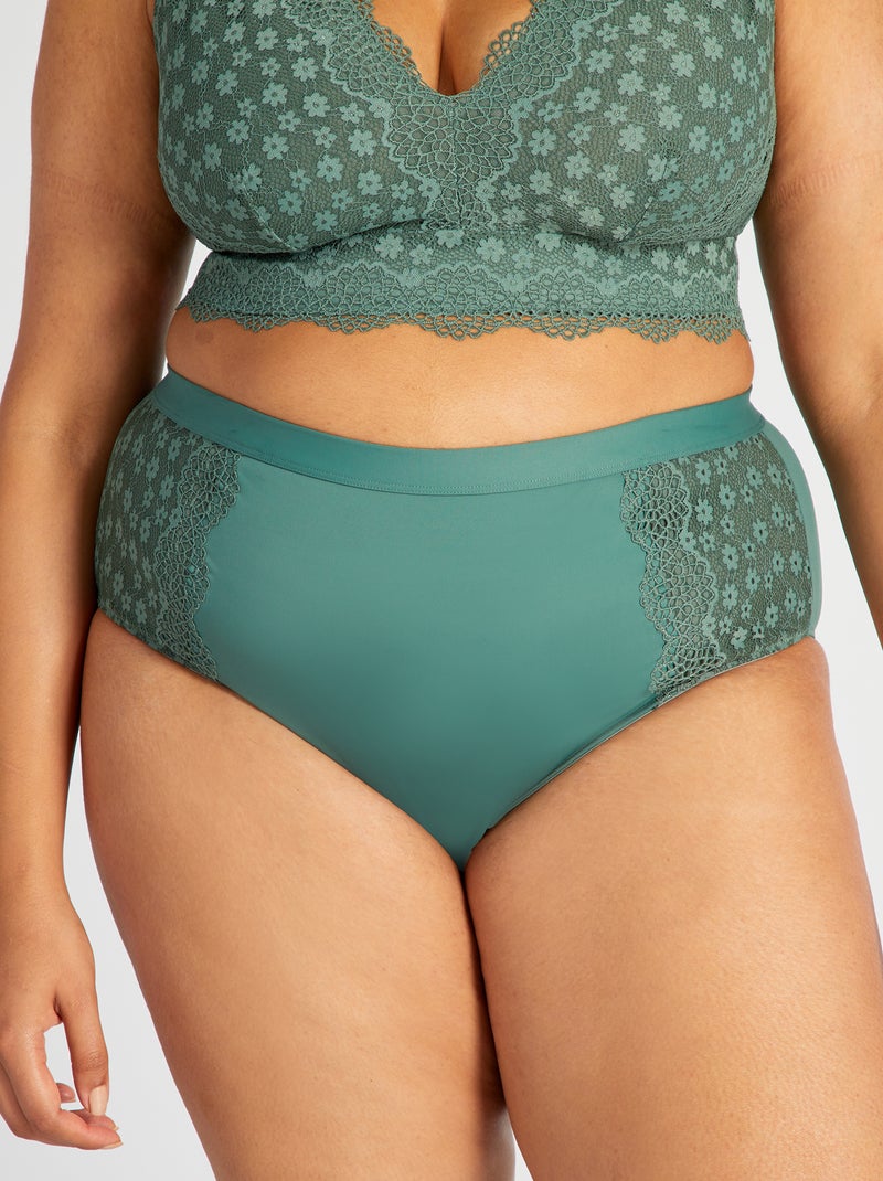 Culotte en microfibre et dentelle vert grisé - Kiabi