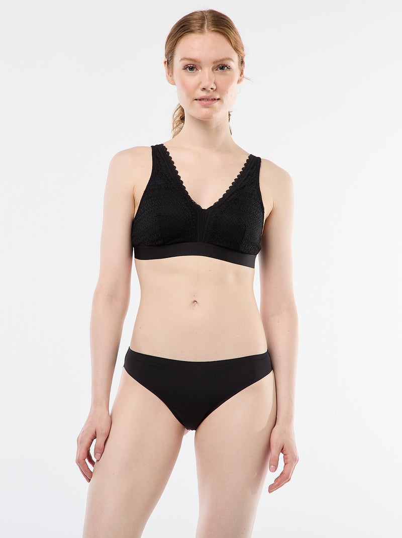Culotte en microfibre et en dentelle Noir - Kiabi