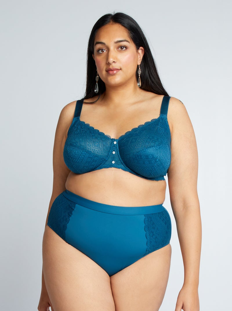 Culotte haute bi-matière avec dentelle bleu marine - Kiabi