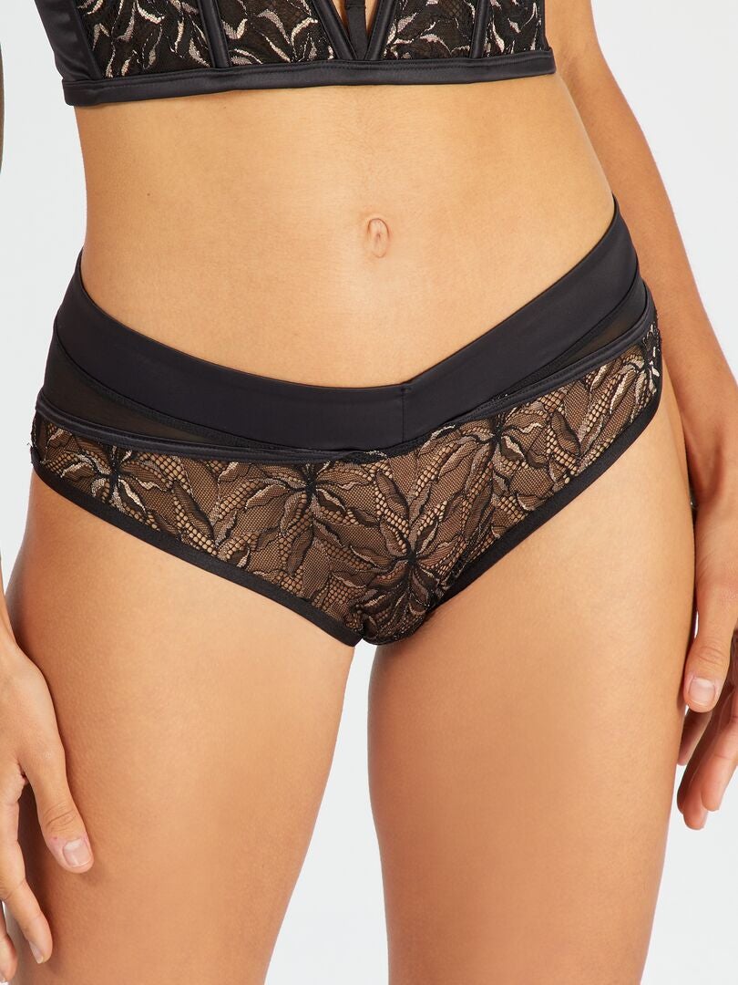 Slip brésilien en tulle et dentelle Femme, Noir | TWINSET Milano