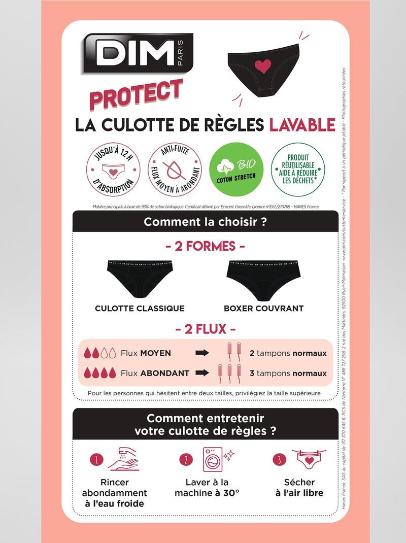 Culotte menstruelle Flux abondant 'DIM' Protect noir - Kiabi