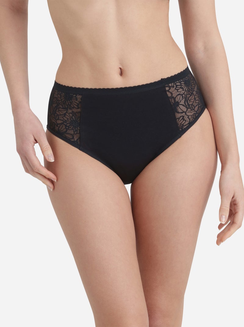Culotte menstruelle haute, coton bio et dentelle florale Protect Noir - Kiabi