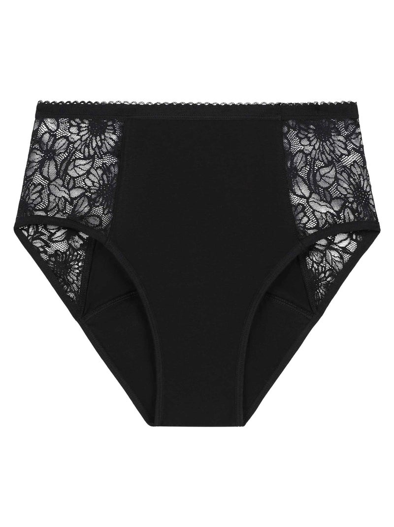 Culotte menstruelle haute, coton bio et dentelle florale Protect Noir - Kiabi