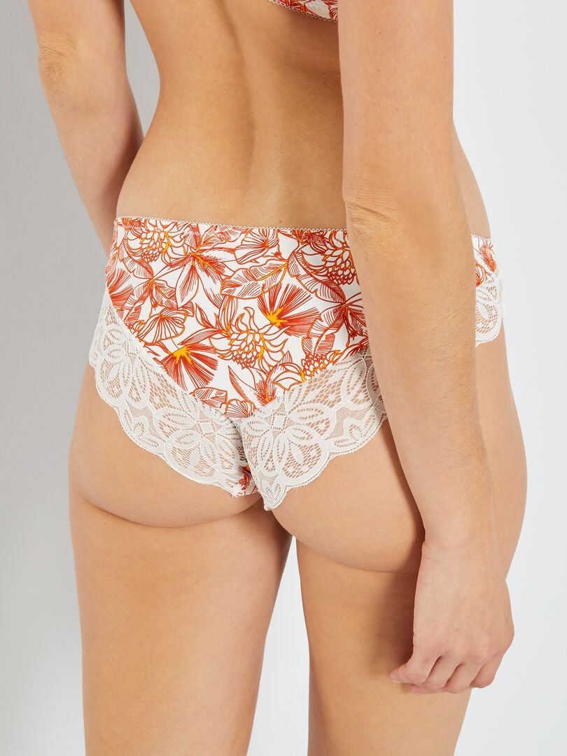 Culotte microfibre imprimée et dentelle 'Envie de lingerie' Blanc/orange - Kiabi