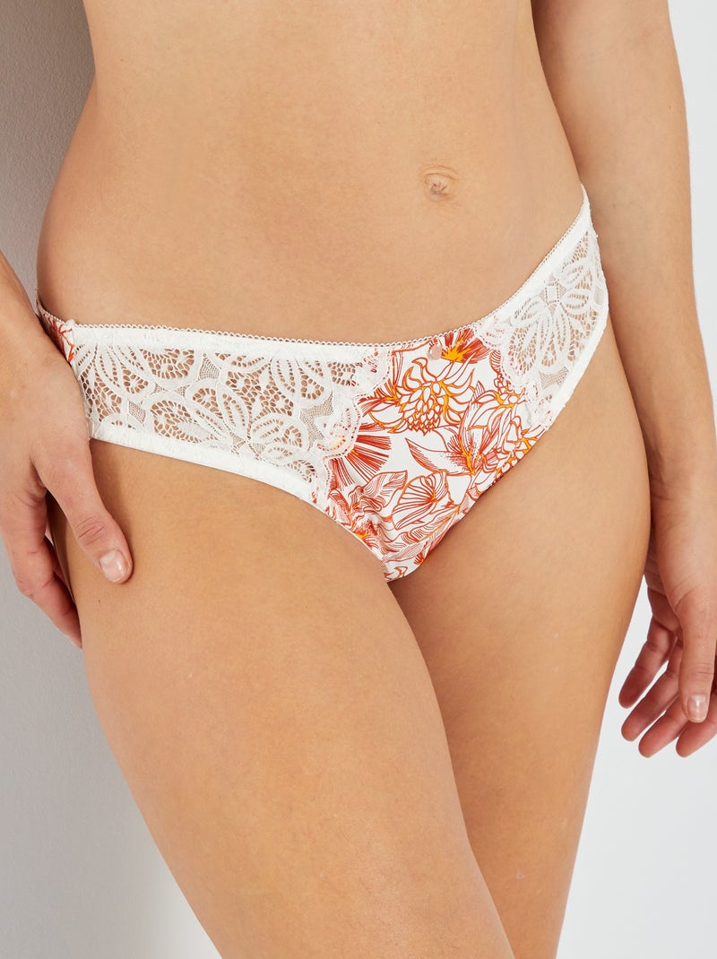 Culotte microfibre imprimée et dentelle 'Envie de lingerie' Blanc/orange - Kiabi