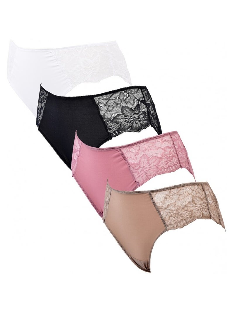 Culotte Microfibre TRESS Dentelle - Pack de 4 Blanc Multicolore Noir - Kiabi
