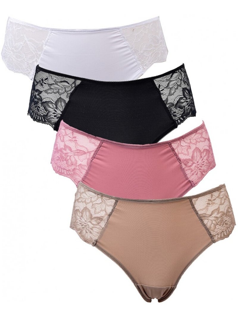 Culotte Microfibre TRESS Dentelle - Pack de 4 Blanc Multicolore Noir - Kiabi