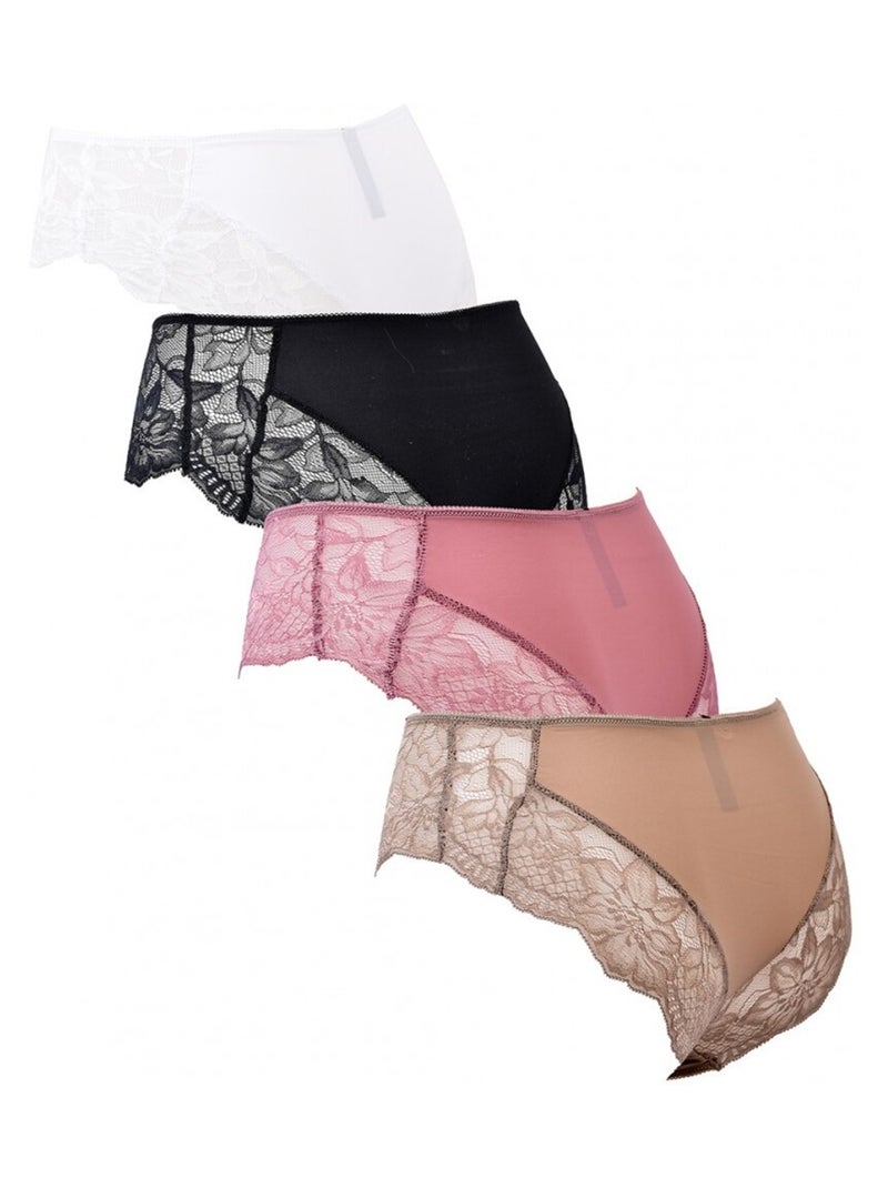 Culotte Microfibre TRESS Dentelle - Pack de 4 Blanc Multicolore Noir - Kiabi